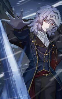 Rule 34 | 1boy, absurdres, angry, ascot, black pants, blue coat, breasts, coat, cryokinesis, floating clothes, formal clothes, fur coat, gloves, hand on own head, highres, imminent attack, jewelry, looking at viewer, male focus, medium hair, musi 2nd, pants, reaching, reaching towards viewer, red eyes, tsukihime, tsukihime (remake), vampire, vlov arkhangel, white gloves, white hair