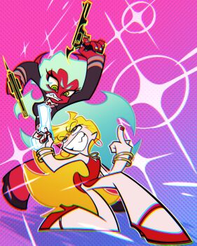 2girls blonde_hair blue_eyes colored_skin commentary_request demon_horns green_eyes green_hair gun high_heels highres holding holding_gun holding_weapon horns koei18 long_hair looking_at_another multiple_girls panty_&amp;_stocking_with_garterbelt panty_(psg) red_skin scanty_(psg) weapon