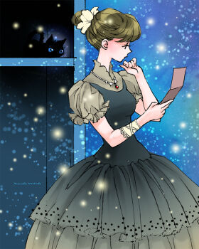 1girl animal black_cat blurry bokeh brown_hair cat commentary_request depth_of_field dress eyelashes grey_shirt hair_bun hair_ornament hair_scrunchie holding jewelry layered_dress necklace note original profile puffy_short_sleeves puffy_sleeves reading scrunchie shirt short_sleeves signature solo window zerra01