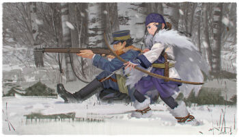 1boy 1girl aiming ainu ainu_clothes alphonse_(white_datura) arisaka arrow_(projectile) asirpa bandana black_boots black_eyes black_hair blue_bandana blue_eyes blue_hat blue_jacket blue_pants bolt_action boots border bow_(weapon) cape clenched_teeth dated day earrings facial_scar fighting_stance forest fur_cape golden_kamuy gun hat highres holding holding_bow_(weapon) holding_gun holding_weapon hoop_earrings imperial_japanese_army jacket jewelry kepi knife knife_sheath long_hair long_sleeves looking_ahead military_hat military_uniform nature outdoors pants rifle scar scar_on_cheek scar_on_face scar_on_nose scarf sheath short_hair signature snow snowing standing sugimoto_saichi teeth tree two-tone_hat weapon white_border yellow_hat yellow_scarf
