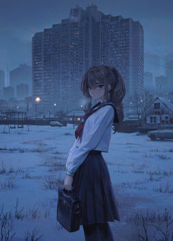 1girl absurdres bag black_bag black_pantyhose black_sailor_collar black_skirt blue_eyes blue_theme breath brown_hair building car city_lights cityscape closed_mouth commentary double-parted_bangs english_commentary expressionless fangda feet_out_of_frame film_grain from_side hair_between_eyes highres house lamppost long_bangs long_hair long_sidelocks long_sleeves looking_at_viewer looking_to_the_side motor_vehicle neckerchief original pantyhose pleated_skirt ponytail red_neckerchief sailor_collar scenery school_bag school_uniform serafuku shirt sidelocks skirt skyscraper snow solo standing swing_set turning_head twilight white_shirt winter