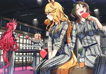 4girls absurdres ahoge animal_ears bath_yukata blonde_hair blue_eyes blush bottle bow breasts brown_hair closed_eyes ear_bow ear_covers ear_ornament ear_ribbon fusaichi_pandora_(umamusume) gold_city_(umamusume) green_bow hair_between_eyes hair_ornament highres holding_table_tennis_paddle horse_ears horse_girl horse_tail indoors japanese_clothes kanaga kawakami_princess_(umamusume) kimono king_halo_(umamusume) large_breasts long_hair long_sleeves medium_breasts mismatched_ear_covers mouth_hold multicolored_hair multiple_girls one_eye_closed open_mouth paddle pink_hair red_eyes red_hair smile table_tennis table_tennis_paddle tail teeth twintails umamusume upper_teeth_only yukata
