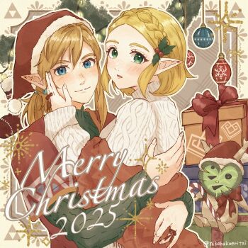 1boy 1girl 2025 blonde_hair blue_eyes blush box braid breasts cable_knit candy christmas christmas_ornaments christmas_present christmas_stocking closed_mouth commentary_request couple creature crown_braid earrings food gift gift_box green_eyes green_sweater hair_between_eyes hand_on_another's_cheek hand_on_another's_face hat hetero highres hug jewelry knit_sweater korok light_smile link low_ponytail medium_breasts medium_hair merry_christmas mistletoe_hair_ornament nikohakaeritai nintendo parted_bangs parted_lips pointy_ears ponytail princess_zelda red_hat red_shawl red_tunic santa_hat shawl short_hair sidelocks sweater the_legend_of_zelda the_legend_of_zelda:_breath_of_the_wild the_legend_of_zelda:_tears_of_the_kingdom tunic turtleneck turtleneck_sweater twitter_username white_sweater