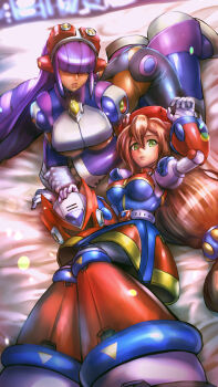 2girls absurdres android ass bed_sheet blunt_bangs blush breasts brown_hair dark-skinned_female dark_skin dress green_eyes hair_between_eyes hair_over_eyes hat helmet highres iris_(mega_man) large_breasts layer_(mega_man) long_hair low-tied_long_hair lying medium_breasts mega_man_(series) mega_man_x_(series) minster_(dooke) mole mole_under_eye multiple_girls purple_hair robot_ears smile underboob very_long_hair