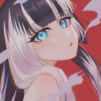 1girl bare_shoulders black_hair blue_eyes blunt_bangs highres hololive juufuutei_raden long_hair multicolored_hair omegayukichi parted_lips red_background shaft_look simple_background smoke solo virtual_youtuber white_hair