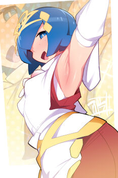 1girl abarai_(abarabone) blue_eyes blue_hair lana_(new_year's_2026)_(pokemon) lana_(pokemon) nintendo no_sclera official_alternate_costume pokemon pokemon_masters_ex short_hair