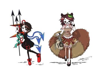 Rule 34 | 2girls, adjusting eyewear, animal ears, asymmetrical wings, black dress, black sandals, black thighhighs, bloomers, blue wings, bottle, breasts, brown eyes, brown fur, brown shirt, brown skirt, collar, collared dress, dress, frilled bloomers, frilled skirt, frills, futatsuiwa mamizou, glasses, hair ornament, hand on eyewear, holding, holding bottle, holding polearm, holding weapon, houjuu nue, lace, lace-trimmed skirt, lace trim, leaf, leaf hair ornament, leaf on head, looking at viewer, mary janes, multiple girls, neck ribbon, open mouth, parted bangs, pink bloomers, platform sandals, pointy ears, polearm, raccoon ears, raccoon girl, raccoon tail, red eyes, red ribbon, red shoes, red wings, ribbon, ribbon shoes, sake bottle, sandals, shirt, shoes, short sleeves, signature, simple background, skirt, smile, snake, snake tail, snake wrapped around arm, tail, ten desires, tentacles, thighhighs, tomoe (symbol), touhou, trident, underwear, weapon, white background, white collar, wings, wristband, yoiy san