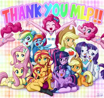6+girls absurdres applejack blush boots closed_eyes dual_persona female_focus fluttershy highres looking_at_viewer multiple_girls my_little_pony my_little_pony:_equestria_girls my_little_pony:_friendship_is_magic one_eye_closed open_mouth pegasus pinkie_pie pony_(animal) rainbow_dash rarity_(my_little_pony) sci-twi shoes sitting skirt smile socks standing sunset_shimmer tank_top twilight_sparkle unicorn uotapo winged_unicorn wink