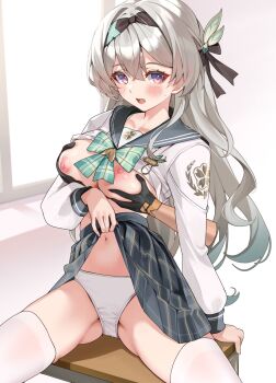 2girls black_gloves black_hairband bow bowtie breasts clothes_lift commentary_request disembodied_hand double_breast_grab firefly_(honkai:_star_rail) firefly_(spring_missive)_(honkai:_star_rail) gloves gradient_hair green_bow green_bowtie green_hair grey_hair grey_sailor_collar grey_skirt hairband highres honkai:_star_rail honkai_(series) long_hair long_sleeves looking_at_viewer matrix16 medium_breasts multicolored_hair multiple_girls navel nipples official_alternate_costume open_mouth panties plaid_clothes plaid_skirt pleated_skirt purple_eyes sailor_collar school_uniform serafuku shirt sitting skirt skirt_lift solo_focus stelle_(honkai:_star_rail) thighhighs trailblazer_(honkai:_star_rail) two-tone_hair underwear white_panties white_shirt white_thighhighs