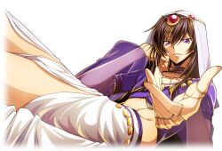 Rule 34 | 1boy, alternate hair length, alternate hairstyle, arabian clothes, artist request, black hair, blue gemstone, choker, code geass, code geass: lost stories, collarbone, crop top, dutch angle, earrings, game cg, gem, hair between eyes, hand on own cheek, hand on own face, hand up, head rest, headpiece, jewelry, leaning back, lelouch vi britannia, long hair, long sleeves, male focus, necklace, non-web source, official art, puffy long sleeves, puffy sleeves, purple choker, purple shirt, reaching, reaching towards viewer, red gemstone, see-through, see-through sleeves, shirt, sidelocks, simple background, sitting, solo, thighs, transparent background, veil