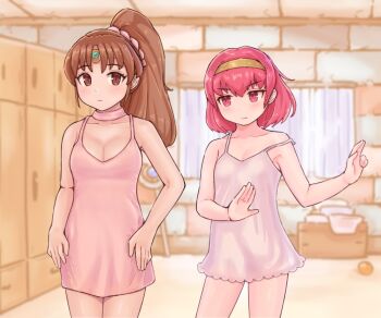 2girls armpits blush breasts brown_eyes brown_hair choker circlet collarbone fire_emblem fire_emblem:_mystery_of_the_emblem fire_emblem:_shadow_dragon_and_the_blade_of_light gold_headband kutabireta_neko linde_(fire_emblem) long_hair maria_(fire_emblem) medium_breasts multiple_girls nightgown nintendo pink_nightgown ponytail red_eyes red_hair scrunchie short_hair sleeveless small_breasts white_nightgown