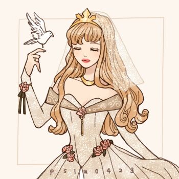 1girl animification aurora_(disney) blonde_hair blue_dress closed_eyes closed_mouth dress highres jewelry long_hair long_sleeves makeup peilu_(pslu0423) princess red_lips simple_background sleeping_beauty_(disney) sleeveless sleeveless_dress smile solo tiara white_dress