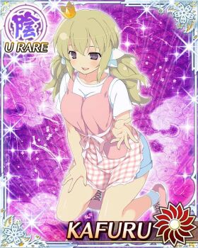 1girl :d apron blonde_hair blue_shorts blush border breasts card_(medium) character_name crown game_cg gold_crown hair_ornament hand_on_own_thigh kafuru_(senran_kagura) kneeling looking_at_another low_twintails medium_breasts medium_hair mini_crown official_art open_mouth pink_apron purple_eyes senran_kagura senran_kagura_new_wave shirt short_twintails shorts smile solo twintails white_shirt yellow_pupils