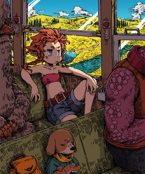 1girl 3boys belt blue_shorts braid buckle bus_interior cigarette colored_skin crossed_arms day dog elf fantasy furry furry_male highres hill jitome lizardman looking_outside momochichi77 monster multiple_boys orange_hair original pink_tube_top pointy_ears purple_skin red_belt scarf short_eyebrows shorts side_braids smoking solo_focus strapless tube_top window yellow_scarf