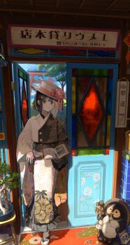 Rule 34 | 1girl, belt pouch, black hair, black kimono, boater hat, bonsai, book, commentary request, day, door, floral print, flower, hat, hat flower, highres, holding, holding book, japanese clothes, kimono, medium hair, multicolored hair, open book, open door, original, parted lips, pouch, red eyes, rei (farta litia), sandals, solo, stained glass, sunlight, tabi, torii, two-tone hair, two-tone kimono, walking, white hair, white hat, white kimono, zouri