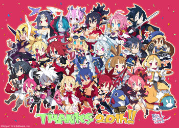 2023 6+boys 6+girls adell_(disgaea) almaz_von_almadine_adamant animal_ears anniversary black_hair blonde_hair bright_pupils colored_skin crown disgaea elder_spear etna_(disgaea) everyone flonne flonne_(fallen_angel) fur-trimmed_jacket fur-trimmed_sleeves fur_trim glasses green_hair grey_hair harada_takehito highres horns jacket kazamatsuri_fuuka killia_(disgaea) laharl long_hair looking_at_viewer makai_senki_disgaea makai_senki_disgaea_2 makai_senki_disgaea_3 makai_senki_disgaea_4 makai_senki_disgaea_5 makai_senki_disgaea_6 makai_senki_disgaea_7 mini_crown monster multiple_boys multiple_girls open_mouth pink_hair pointy_ears ponytail prinny purple_eyes rabbit_earmuffs rabbit_ears raspberyl red_eyes red_hair red_skin rozalin seraphina_(disgaea) short_hair simple_background single_horn smile spiked_hair topless_male usalia_(disgaea) white_hair yellow_eyes yellow_jacket