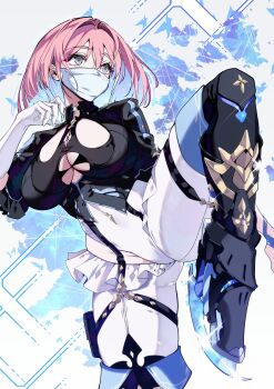 1girl absurdres aer007580 black_jacket blue_hair breasts cleavage colored_inner_hair commentary english_commentary gloves grey_eyes highres hiphighs honkai_(series) honkai_impact_3rd huge_breasts ice_skates jacket leg_up leotard mask medium_hair mouth_mask multicolored_hair pink_hair skates solo timido_cute white_gloves white_hiphighs white_leotard