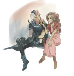 Rule 34 | 1boy, 1girl, aerith gainsborough, black footwear, black pants, black vest, boots, brown footwear, choker, closed mouth, cropped jacket, crossed legs, dress, final fantasy, final fantasy ii, final fantasy vii, firion, flower, full body, garbage paper, grey scarf, hair ribbon, head scarf, holding, holding flower, jacket, knee pads, long dress, long hair, low ponytail, materia, pants, parted bangs, pink dress, pink ribbon, ponytail, red jacket, ribbon, ribbon choker, scarf, short hair with long locks, short sleeves, shoulder spikes, sitting, smile, spikes, vest, wavy hair, white hair