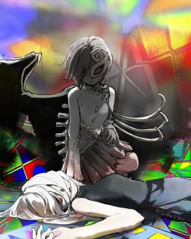 2girls asymmetrical_wings bare_shoulders black_shirt blank_eyes bone closed_mouth expressionless faceless faceless_female half_mask highres iwanaga_ariya kaigen_1025 long_hair long_sleeves looking_at_another lying mask multiple_girls one_eye_covered red_eyes shirt short_hair skeletal_wings sleeveless sleeveless_shirt touhou twitter_username white_hair white_shirt wings yuiman_asama