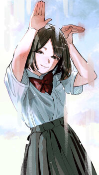 1girl arms_up black_eyes black_hair black_skirt bow bowtie breast_pocket closed_mouth collared_shirt commentary_request cowboy_shot fingernails half-closed_eyes highres looking_at_viewer nozawa_yukiko original pleated_skirt pocket red_bow red_bowtie school_uniform shirt short_hair short_sleeves simple_background skirt smile solo standing white_background white_shirt