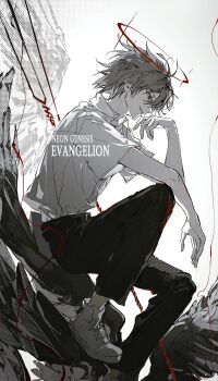 1boy absurdres adam&#039;s_apple angel_wings arm_on_knee black_pants collared_shirt commentary_request copyright_name elbow_rest evl_1230 eyelashes feathered_wings film_grain from_side grey_hair halo highres korean_commentary lance_of_longinus_(evangelion) looking_down male_focus nagisa_kaworu neon_genesis_evangelion palmar_flexion pants parted_bangs parted_lips profile red_eyes shirt shirt_tucked_in shoes short_hair short_sleeves sitting smile solo teeth white_background white_shirt white_shoes wings