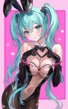 1girl absurdres animal_ears aqua_eyes aqua_hair between_breasts black_bow black_bowtie black_gloves black_pantyhose blush border bow bowtie breasts crossed_bangs cuffs detached_collar double-parted_bangs elbow_gloves fake_animal_ears four-finger_heart_hands furrowed_brow gloves hair_between_eyes hair_bow handcuffs hatsune_miku heart heart_hands highleg highleg_leotard highres large_breasts leaning_to_the_side leotard long_hair looking_at_viewer navel outside_border pantyhose parted_lips pink_background pink_border playboy_bunny rabbit_ears revision ryu_o see-through_clothes see-through_leotard small_sweatdrop solo thigh_gap torn_clothes torn_pantyhose twintails very_long_hair vocaloid