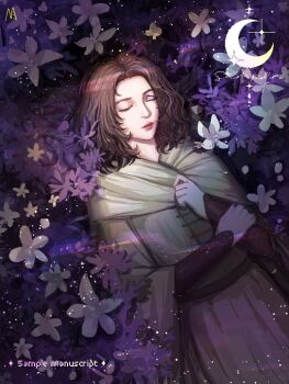 Rule 34 | brown hair, closed eyes, crescent moon, elden ring, facial mark, flower, image sample, mascot., melina (elden ring), moon, parted lips, pixelated, sleeping, sparkle, violet (flower)