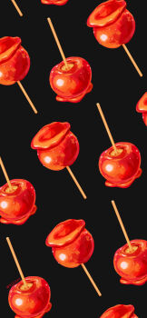 absurdres apple artist_name black_background candy_apple commentary_request food food_focus fruit highres no_humans original rizu_(rizunm) simple_background stick