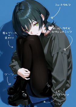1girl absurdres arm_at_side black_boots black_pantyhose black_shorts blue_background boots closed_mouth commentary_request enu_illustip eyes_visible_through_hair from_side full_body gakuen_idolmaster green_eyes green_hair green_sweater hair_intakes hair_over_one_eye head_down head_on_knees highres hugging_own_legs idolmaster knees_up lace-up_boots leather leather_boots leather_shorts legs_folded long_sleeves looking_at_viewer looking_to_the_side medium_hair on_stool pantyhose platform_boots shadow short_shorts shorts simple_background sitting solo stool sweater translated tsukimura_temari turning_head wolf_cut