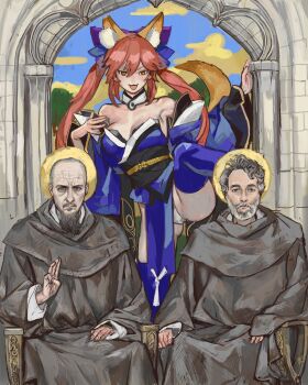 1girl 2boys absurdres animal_ears beard breasts cathedral church detached_sleeves facial_hair fate/extra fate/grand_order fate_(series) fox_ears fox_tail halo highres japanese_clothes large_breasts long_hair miko monk mossacannibalis multiple_boys old old_man panties pink_hair tail tamamo_(fate) twintails underwear white_panties yellow_eyes