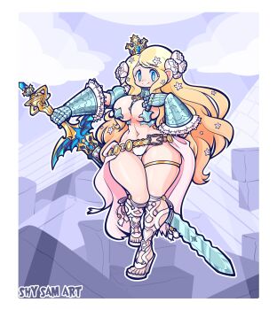 1girl armor bare_shoulders bikini_armor blonde_hair blue_eyes blue_gemstone breasts bridgeless_bra cleavage code_of_princess crown deluxcalibur_(code_of_princess) flower gauntlets gem gladiator_sandals gorget greatsword hair_flower hair_ornament highres holding holding_sword holding_weapon hourglass large_breasts long_hair looking_at_viewer medium_breasts navel pommel sandals shy_sam_art simple_background smile solange_blanchefleur_de_luxe solo sword toes weapon white_background wide_hips zweihander