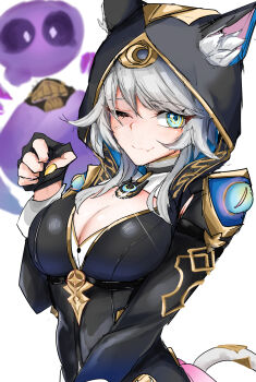 Rule 34 | 1girl, :3, absurdres, animal ears, bananamusume, black hood, blue eyes, breasts, cat ears, cat tail, cipher (honkai: star rail), cleavage, commentary request, fang, fingerless gloves, gloves, grey hair, highres, honkai: star rail, honkai (series), one eye closed, paw pose, skin fang, spirithief bartholos (honkai: star rail), tail, white background, yellow nails