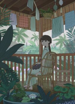 Rule 34 | 1girl, animal, animal on lap, basket, black hair, bracelet, braid, building, cat, cat on lap, dated, dress, green dress, hanging plant, highres, jewelry, laundry, long dress, on lap, onoyama (machikz1), original, palm tree, parted lips, plant, porch, potted plant, power lines, railing, rain, sandals, solo, tree, turning head, twin braids