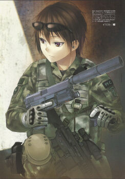 1girl absurdres acog american_flag ammunition_pouch an/peq-6 assault_rifle brown_hair camouflage collared_jacket cowboy_shot earpiece english_text female_focus flashlight gloves gou_(double_trigger) gun gun_sling h&amp;k_hk416 h&amp;k_mark_23 handgun heckler_&amp;_koch highres holding holding_magazine_(weapon) holster insight_technology jacket kac_mk23_suppressor knee_pads kneeling knight&#039;s_armament_company laser_aiming_module laser_pointer laser_sight load_bearing_vest magazine_(weapon) match_grade match_grade_firearm match_grade_pistol military military_combat_uniform military_operator military_program military_uniform mixed-language_text non-web_source offensive_handgun offensive_handgun_weapon_system_(military_program) original patch pistol pouch rifle scan scope short_hair solo sunglasses suppressor tactical_light trigger_discipline two-tone_gloves weapon