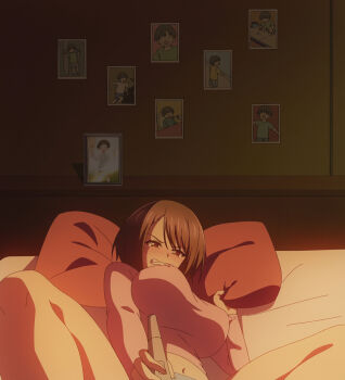 1girl annoyed bed bedroom bouncing_breasts breasts brown_eyes brown_hair clenched_teeth covered_erect_nipples female_pervert highres implied_masturbation in_heat ingoku_danchi jiggle large_breasts legs lying midriff navel panties pervert photo_(object) sex_toy shirt short_hair solo spread_legs stitched teeth thighs third-party_edit tongue underwear vibrator watanabe_(ingoku_danchi)