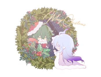 Rule 34 | 2boys, :3, :d, ahoge, bag, black gloves, black pants, blue eyes, blue hair, cape, cheek tattoo, chibi, chibi only, chinese commentary, christmas wreath, commentary request, double-parted bangs, eye contact, face-to-face, from behind, full body, fur-trimmed cape, fur-trimmed headwear, fur trim, gatling pea (plants vs. zombies), gloves, gradient hair, green hair, grey cape, hair between eyes, hand up, hat, highres, holding, holding bag, jacket, jitome, long hair, long sleeves, looking at another, male focus, merry christmas, multicolored hair, multiple boys, open mouth, pants, personification, plants vs. zombies, plants vs. zombies 2, pointy ears, profile, purple hair, red hat, red jacket, santa costume, santa hat, shadow peashooter (plants vs. zombies), shirt, short hair, sidelocks, siiiiiiiiiii, simple background, smile, standing, tareme, tattoo, tsurime, two-tone hair, v-shaped eyebrows, very long hair, white background, white shirt, wreath, yellow eyes