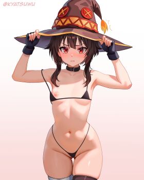 absurdres armpits asymmetrical_legwear belt_collar bikini black_bikini black_gloves black_thighhighs breasts brown_hair collar commentary fingerless_gloves gloves hand_on_headwear hat highres kono_subarashii_sekai_ni_shukufuku_wo! kyatsuwu loli megumin micro_bikini navel nipples one_breast_out red_eyes short_hair_with_long_locks simple_background small_breasts stomach swimsuit thighhighs thighs twitter_username wardrobe_malfunction white_background white_thighhighs witch_hat
