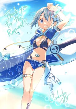 Rule 34 | 1girl, anchor, anchor symbol, bikini, black bikini, bloom, blue bikini, blue eyes, blue gem, blue hair, blue jacket, blue sky, bracelet, breasts, checkered bikini, checkered clothes, checkered jacket, cleavage, collared jacket, commentary request, commission, cropped jacket, day, dot nose, earrings, feet out of frame, flower, gem, gluteal fold, grin, hair flower, hair ornament, hair tie, high collar, high ponytail, highleg, highleg bikini, highres, holding, holding surfboard, itou (ankocha-mgmg), jacket, jewelry, layered bikini, light blush, looking at viewer, magia record: mahou shoujo madoka magica gaiden, mahou shoujo madoka magica, miki sayaka, miki sayaka (surfer ver.), ocean, official alternate costume, one eye closed, open clothes, open jacket, ponytail, puffy short sleeves, puffy sleeves, short hair, short ponytail, short sleeves, signature, skeb commission, sky, smile, solo, soul gem, stomach jewel, sunlight, surfboard, swimsuit, tareme, teardrop earrings, thigh strap, water drop, white flower, zipper