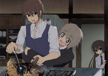 Rule 34 | 1girl, 2boys, absurdres, apron, black necktie, blonde hair, blue apron, brother and sister, brown eyes, brown hair, collared shirt, commentary request, cooking, gakuran, grey eyes, grey shirt, highres, hug, hug from behind, kasukasugom1, kusanagi naoya, long hair, long sleeves, multiple boys, natsume ai, natsume kei (sakura no uta), necktie, sakura no uta, school uniform, shirt, short hair, siblings, white shirt, yaoi