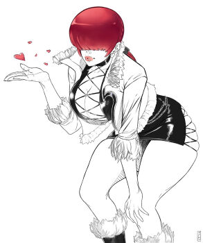1girl ass bend boots breasts cleavage cleavage_cutout clothing_cutout curvy dress earrings farronhart female_focus fishnets fluffy hand_up heart huge_ass huge_breasts jacket jewelry large_breasts long_hair ponytail red_hair shermie_(kof) skirt standing the_king_of_fighters thick_lips thick_thighs thighs tight_clothes tonyfarronhart wide_hips
