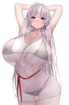 1girl absurdres arms_behind_head azur_lane bikini blue_eyes blush breasts cleavage closed_mouth collarbone cowboy_shot curvy earrings grey_hair highres huge_breasts jewelry long_hair looking_at_viewer mainz_(azur_lane) mainz_(the_silkiest_brew)_(azur_lane) navel red_string see-through_clothes single_earring solo standing string swimsuit swimsuit_under_clothes thick_thighs thighs white_background wide_hips yuuki_shuri