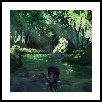 absurdres animal border commentary day forest highres light_rays nature no_humans original outdoors painterly ripples river scenery subsurface_scattering sunlight twulfs wading white_border