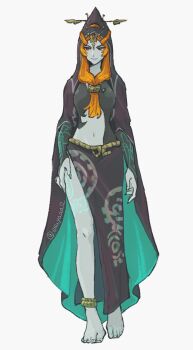 Rule 34 | 1girl, anklet, barefoot, black skin, blue skin, colored sclera, colored skin, esuyaaa12, eyeshadow, forehead jewel, front ponytail, full body, grey skin, highres, hood, jewelry, long hair, makeup, midna, midna (true), multicolored skin, navel, neon trim, nintendo, orange hair, purple eyeshadow, red eyes, smile, solo, the legend of zelda, the legend of zelda: twilight princess, two-tone skin, white background, yellow sclera