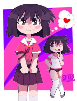 1girl 2025 :3 absurdres artist_name azumanga_daioh&#039;s_school_uniform azumanga_daiou blush breasts brown_eyes brown_hair gym_uniform heart highres image_in_thought_bubble kaori_(azumanga_daioh) one_eye_closed outside_border pookekalt school_uniform short_hair smile socks tongue tongue_out toon_(style) v white_socks