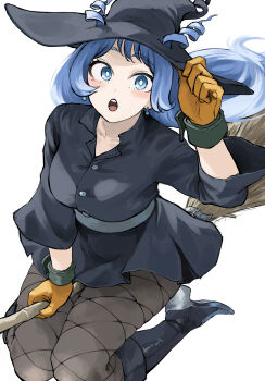 1girl absurdres black_boots black_pantyhose black_shirt black_skirt blue_eyes blue_hair blush boku_no_hero_academia boots breasts broom broom_riding collarbone drill_hair fengling_(furin-jp) fishnet_pantyhose fishnets gloves hado_nejire hair_horns hair_through_headwear halloween halloween_costume hat high_heel_boots high_heels highres large_breasts long_hair long_sleeves looking_at_viewer open_mouth orange_gloves pantyhose shirt simple_background skirt solo teeth twin_drills upper_teeth_only very_long_hair white_background witch witch_hat