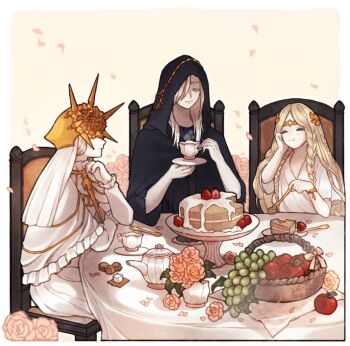 3boys ^_^ androgynous apple black_hood black_robe blonde_hair chair chewing circlet closed_eyes copyright_request crown cup dark_souls_(series) dark_souls_i dark_souls_iii dark_sun_gwyndolin donar0217 dress eating elden_ring falling_petals flower food fork fromsoftware fruit fruit_basket grapes hand_on_own_cheek hand_on_own_face holding holding_cup icing lothric_(younger_prince) miquella_(elden_ring) multiple_boys pastry petals pink_ribbon ribbon robe sitting spoon strawberry sugar_cube table teacup teapot tiara trap white_dress white_hair white_robe