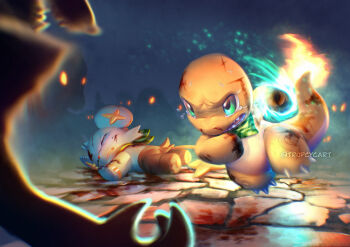 aura battle black_fur black_tail bleeding blood blue_fur cat charmander claws clenched_teeth closed_eyes colored_skin commentary crying cuts darkness english_commentary fangs fighting fire flame-tipped_tail furrowed_brow gen_1_pokemon gen_4_pokemon glowing glowing_eyes green_eyes green_scarf group_battle highres horror_(theme) injury jumping lizard nintendo no_humans open_mouth orange_eyes orange_skin orange_tail pokemon pokemon_(creature) pokemon_move pokemon_mystery_dungeon scared scarf sharp_teeth shinx sweat sweatdrop tail tears teeth tongue tropicalcyclone twitter_username unconscious yellow_fur