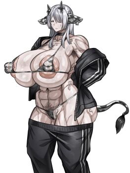 1girl abs ak-15_(girls'_frontline) animal_print ass bikini breasts bride cow_print cow_print_bikini cow_tail fundoshi girls'_frontline highres huge_ass huge_breasts huge_nipples japanese_clothes long_hair pants print_bikini pubic_hair revealing_clothes slavsegger swimsuit tail white_hair