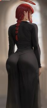 1girl ass black_dress blurry blurry_background braid braided_ponytail chainsaw_man commentary dress from_behind halo highres long_hair looking_at_viewer looking_back makima_(chainsaw_man) oroborus patreon_logo patreon_username red_hair red_halo sidelocks solo standing yellow_eyes