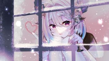 Rule 34 | 1girl, 6 may 6, ahoge, bell, black shirt, blonde hair, blush, braid, drawing (action), enna alouette, fake antlers, flower, frost, glass, glint, hair between eyes, hair flower, hair ornament, hand on own knee, head on knees, head rest, head wings, heart, highres, holding, holding bell, light smile, looking at viewer, medium hair, multicolored hair, nijisanji, nijisanji en, pink nails, purple eyes, shirt, snowing, solo, squatting, streaked hair, t-shirt, virtual youtuber, window, wings